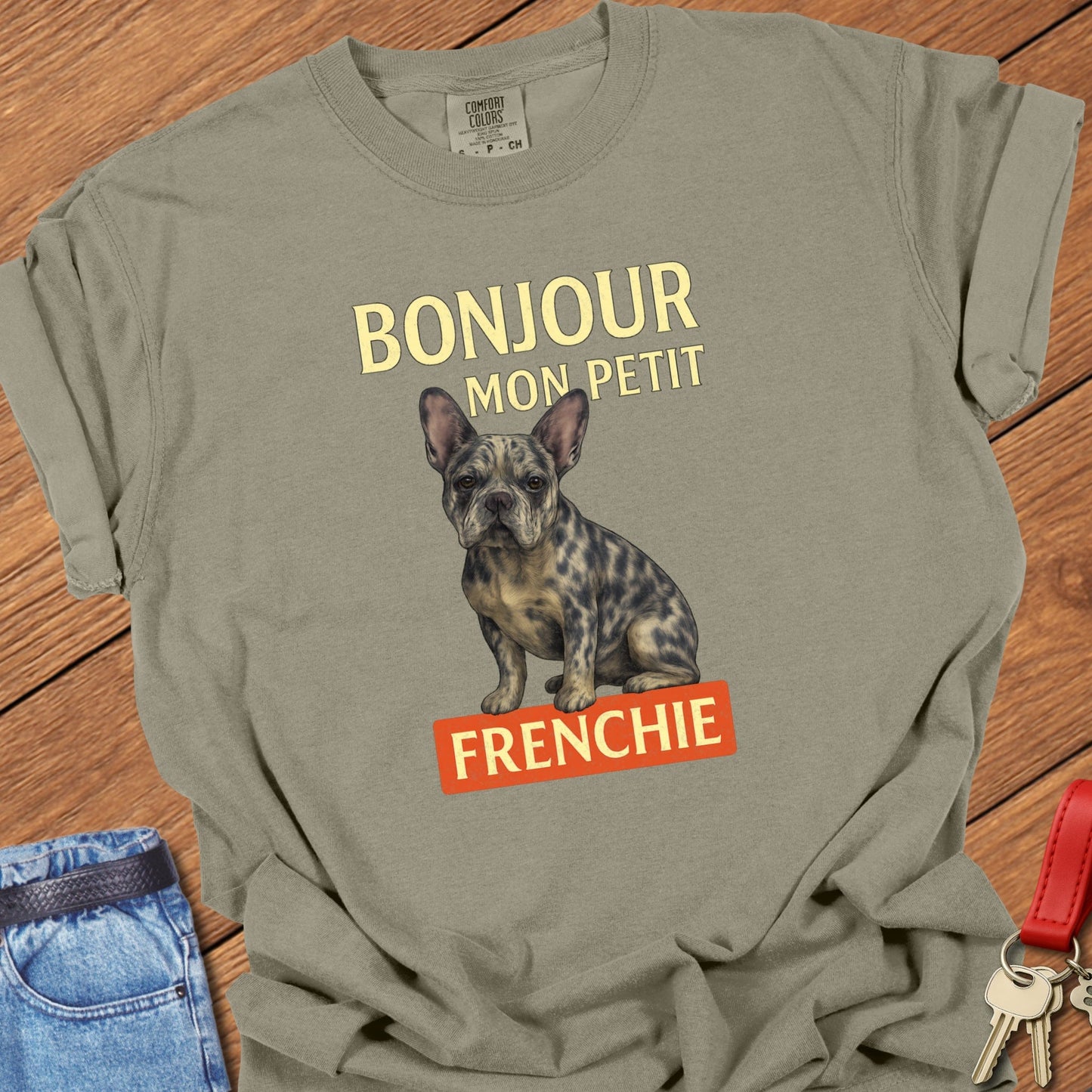 French bulldog vintage French typography illustration with brindle Frenchie graphic printed on khaki Comfort Colors t shirt