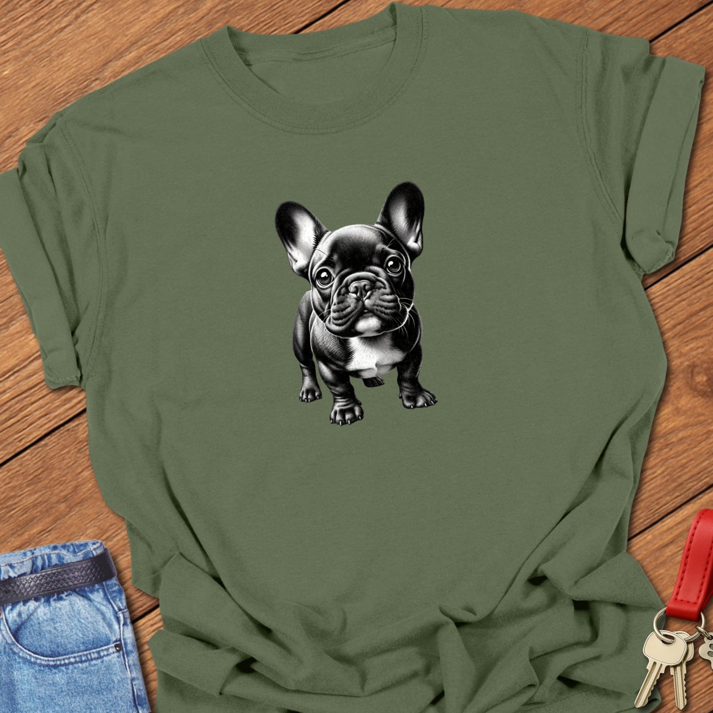 French bulldog realistic black and white illustration printed on moss Comfort Colors t shirt.