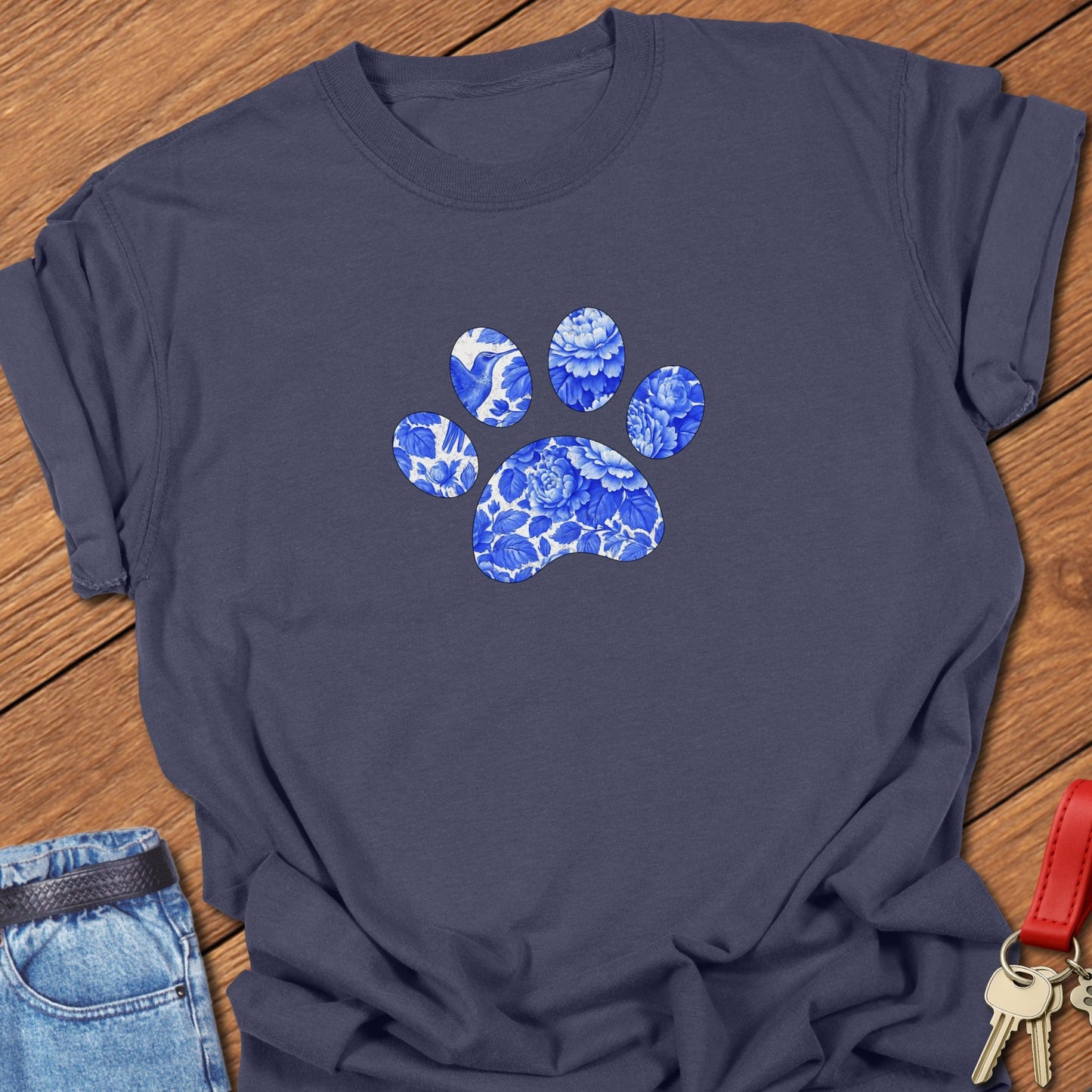 French bulldog blue floral paw print design printed on navy Comfort Colors t shirt
