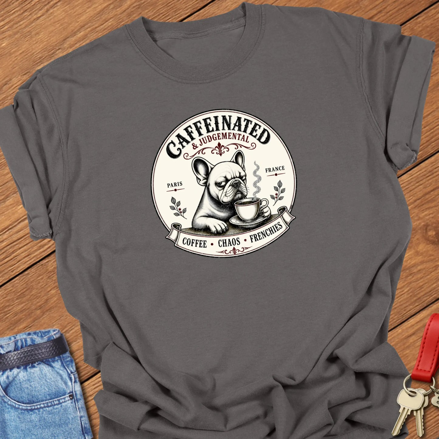 Chaos & Coffee French Bulldog t-shirt featuring a vintage café design and the slogan "Frenchies • Coffee • Chaos" in Pepper color.