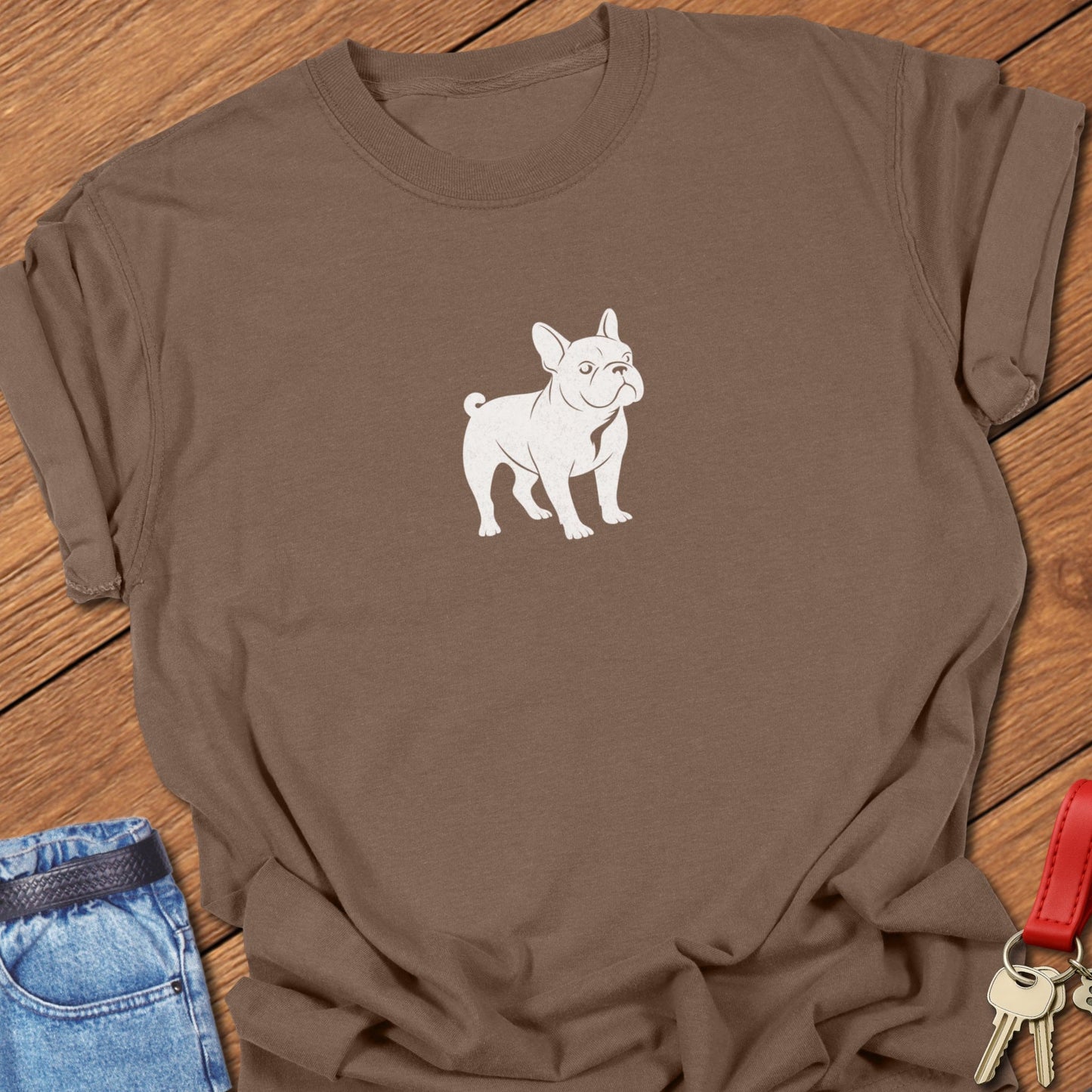 Minimalist French Bulldog silhouette illustration for a Frenchie dog mom t-shirt printed on Comfort Colors garment-dyed cotton in Espresso.