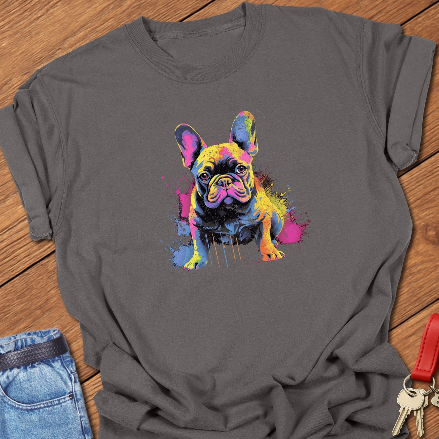 French bulldog colorful paint splatter portrait printed on pepper Comfort Colors t shirt