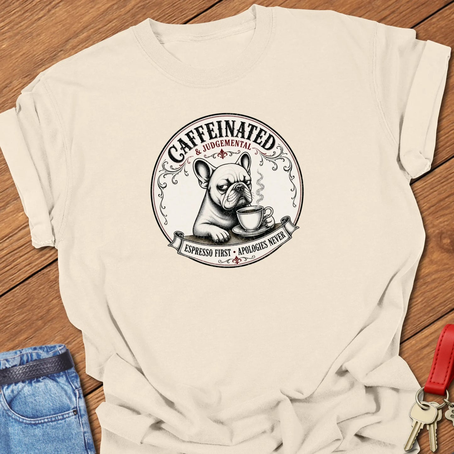 Espresso First French Bulldog graphic t-shirt featuring "Caffeinated & Judgemental" and "Espresso First. Apologies Never." slogans with vintage café artwork in Ivory color.