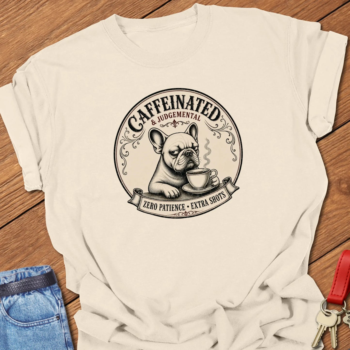 Extra Shots French Bulldog graphic t-shirt featuring "Caffeinated & Judgemental" and "Zero Patience. Extra Shots." slogans with vintage café artwork in Ivory color.