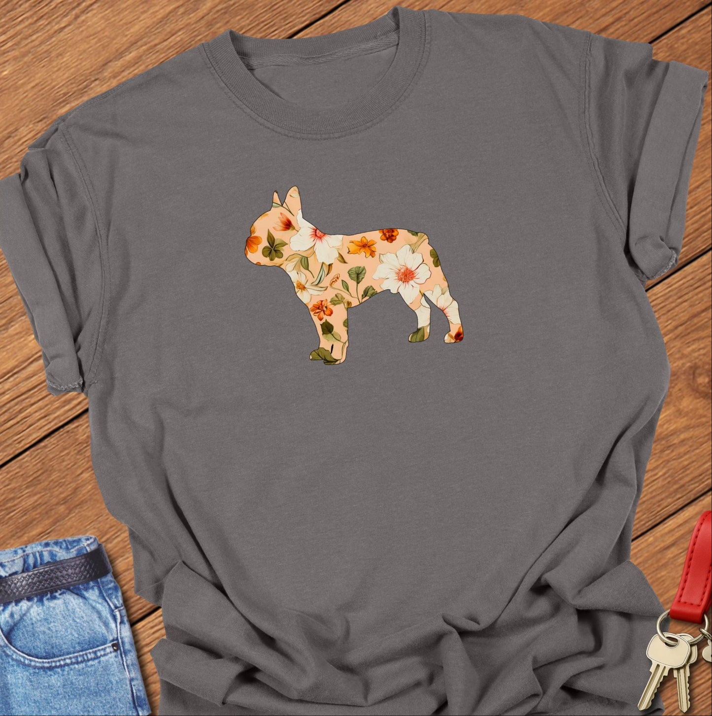French bulldog floral silhouette illustration printed on pepper Comfort Colors t shirt