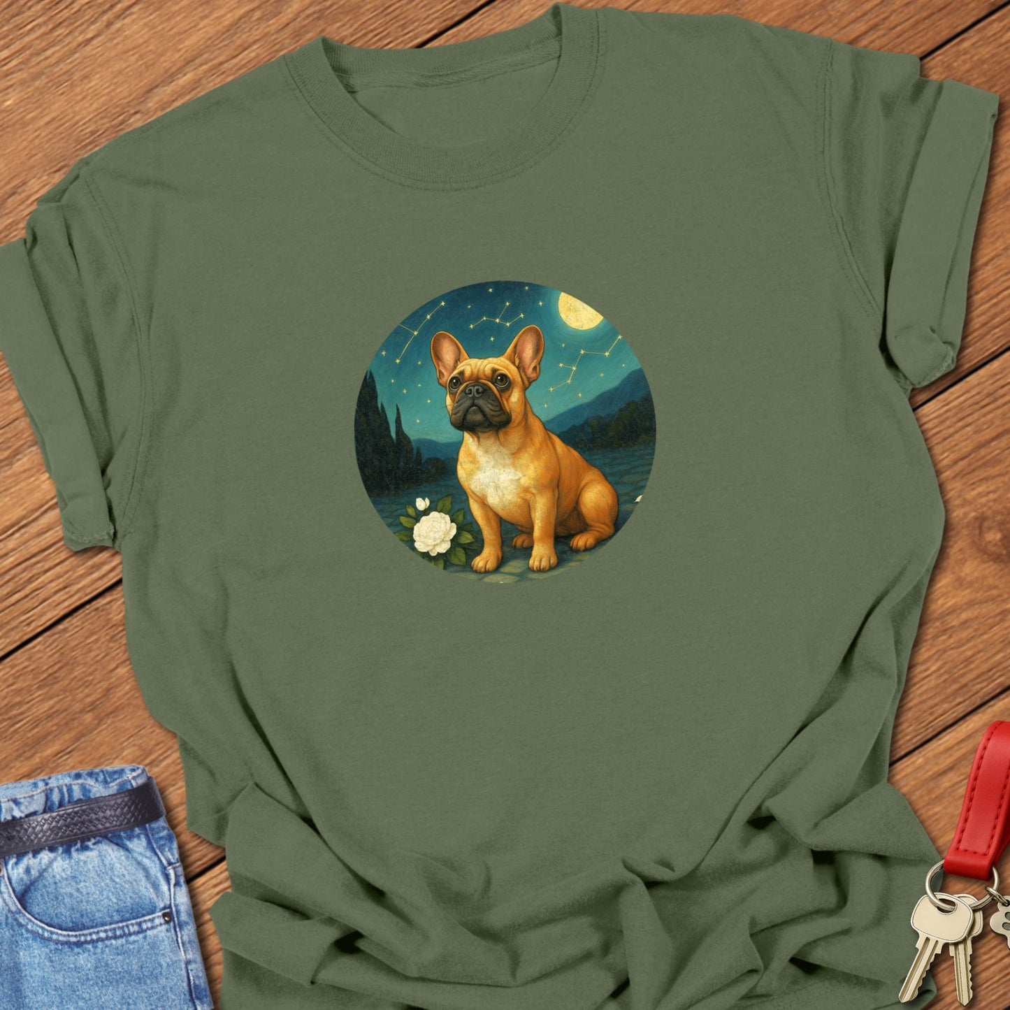 French bulldog celestial illustration printed on pepper Comfort Colors t shirt