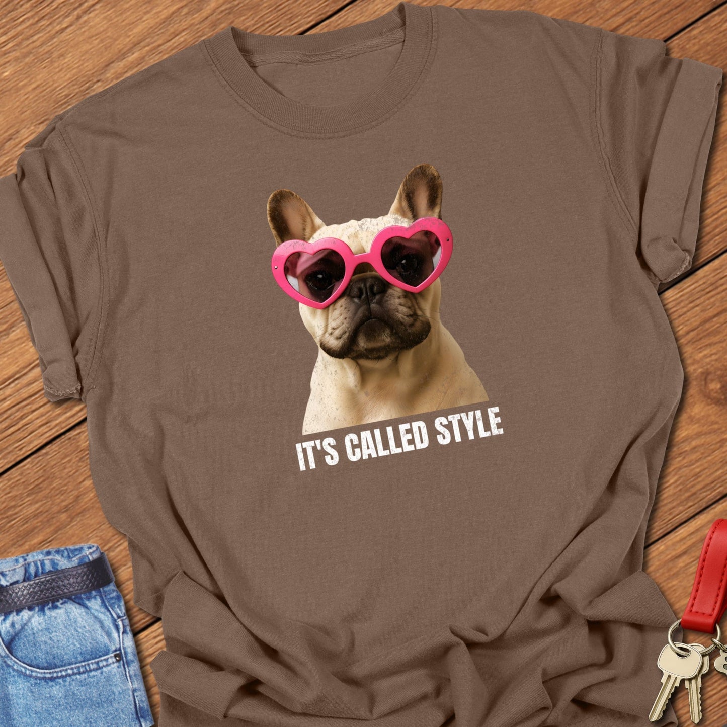 French bulldog stylish illustration with heart-shaped sunglasses and It’s called style typography printed on espresso Comfort Colors t shirt