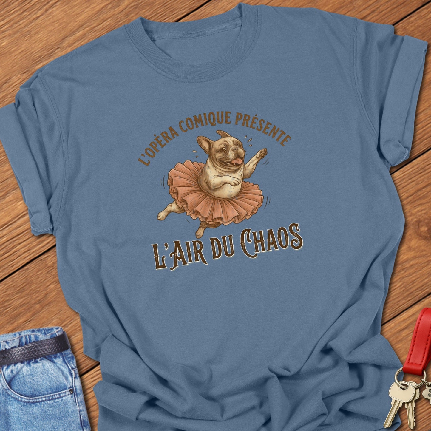 French bulldog ballerina opera parody illustration printed on blue jean Comfort Colors t shirt