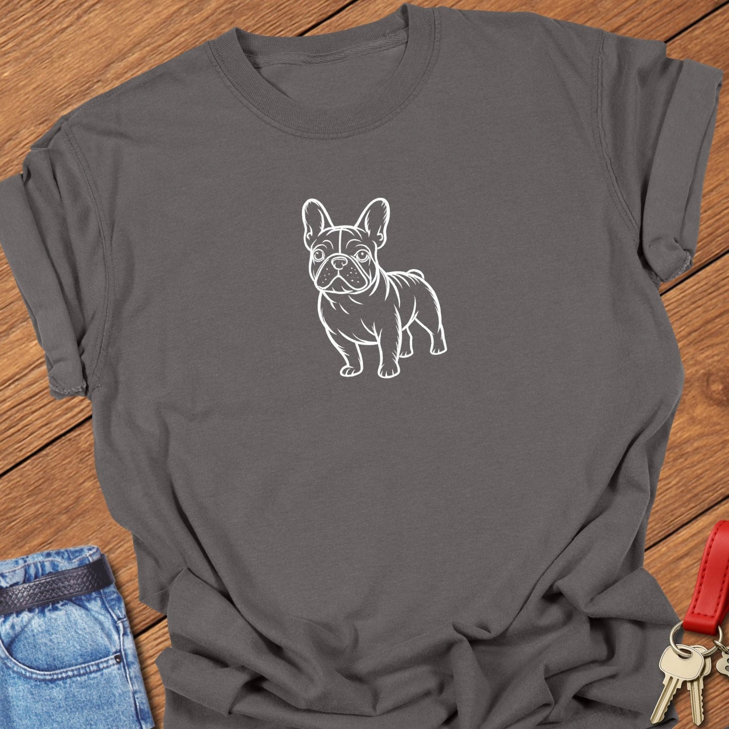 French bulldog line art standing graphic printed on pepper Comfort Colors t shirt.