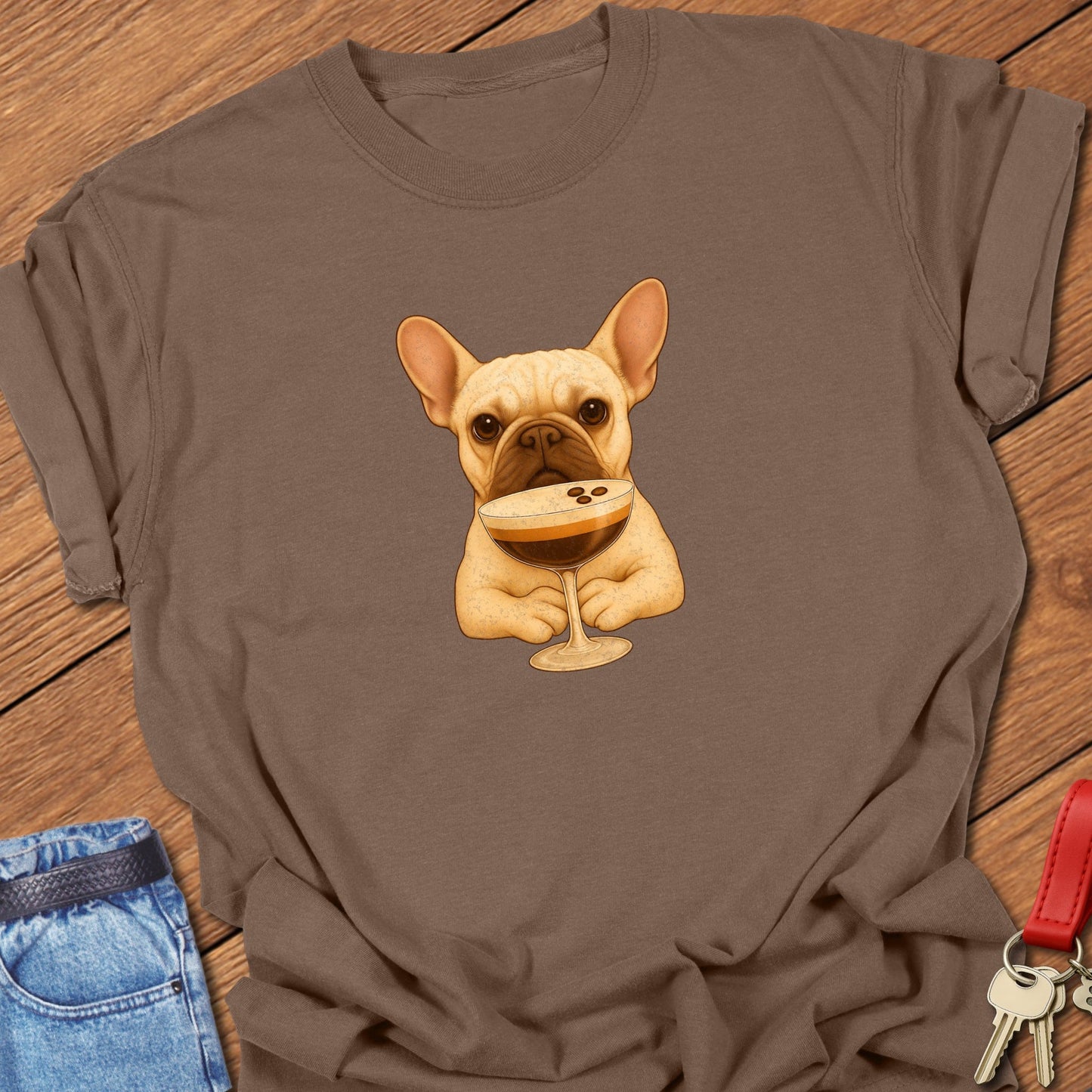 French bulldog espresso martini illustration with cocktail glass graphic printed on espresso Comfort Colors t shirt