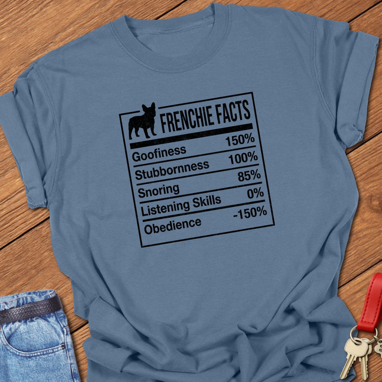 French bulldog “Frenchie Facts” humorous typography chart graphic printed on blue jean Comfort Colors t-shirt