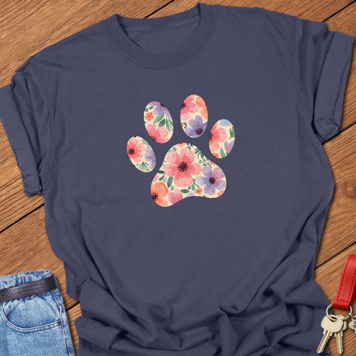 French bulldog floral paw print design printed on navy Comfort Colors t shirt
