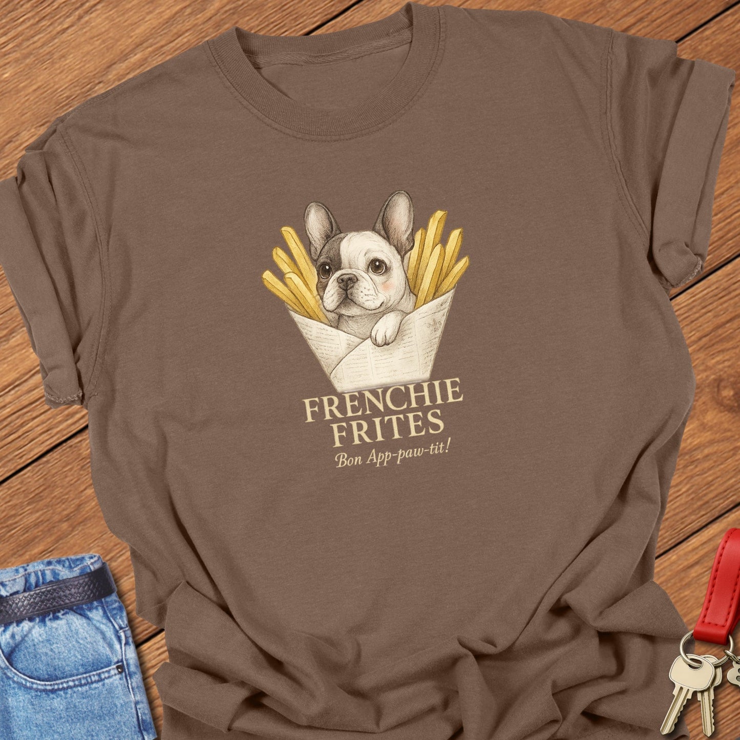 French bulldog puppy in french fries illustration printed on espresso Comfort Colors t shirt