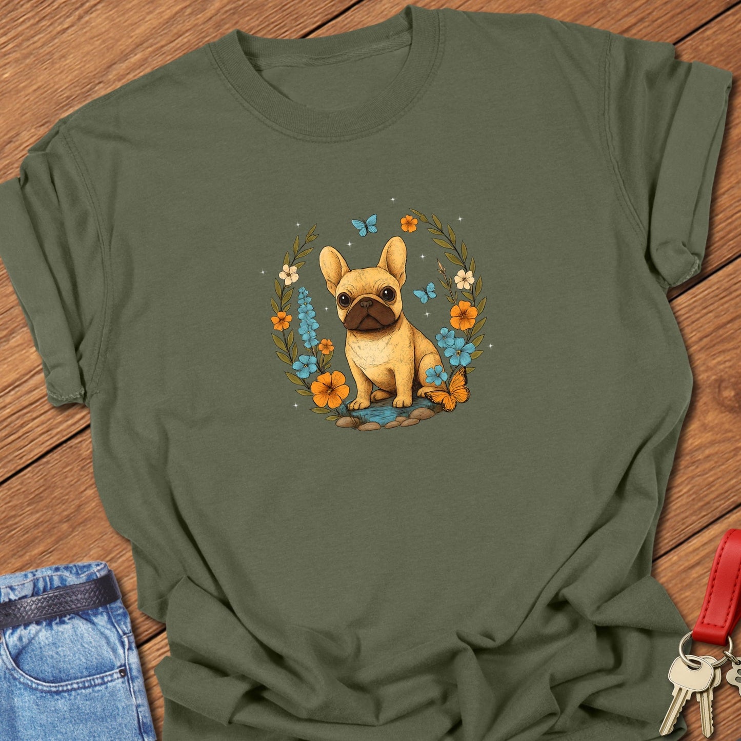 French bulldog floral wreath illustration with butterflies and wildflowers printed on hemp Comfort Colors t shirt