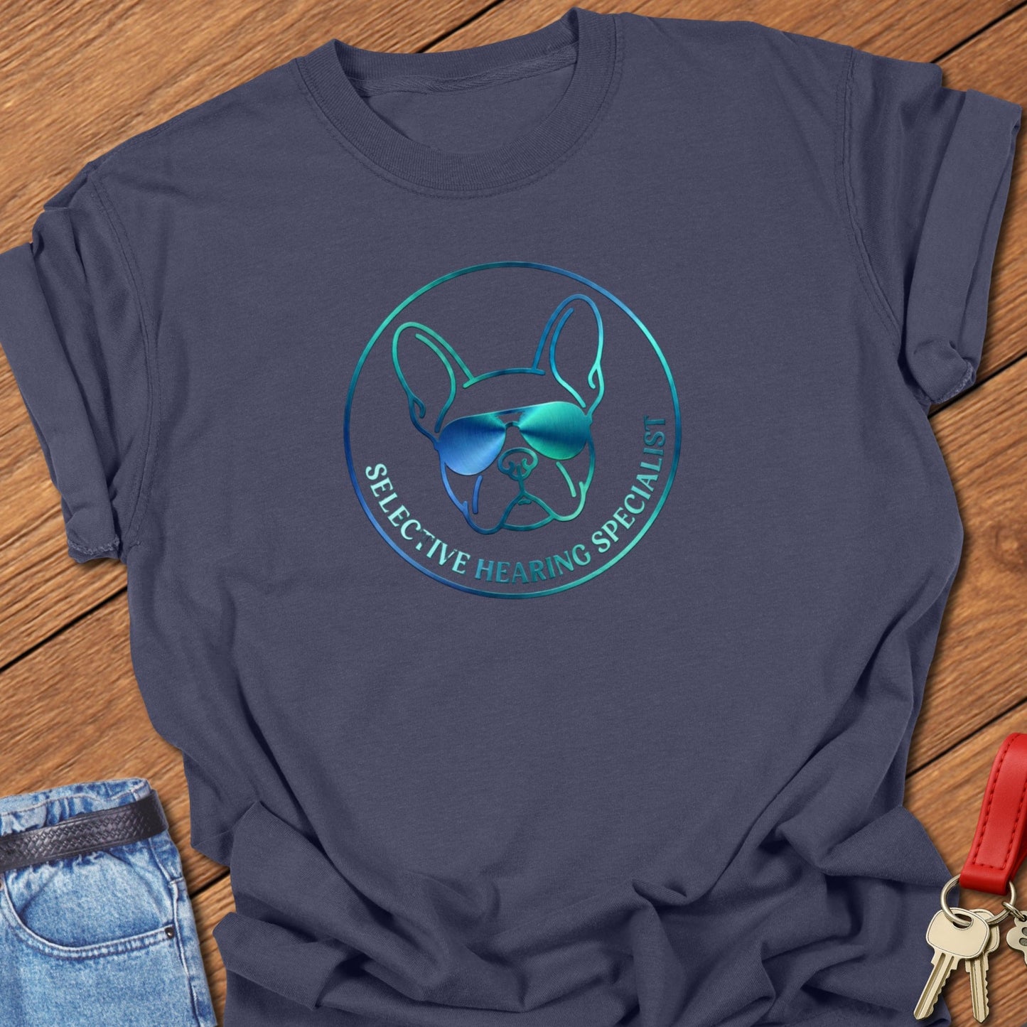 French bulldog neon line art logo with sunglasses and “Selective Hearing Specialist” text printed on navy Comfort Colors t shirt