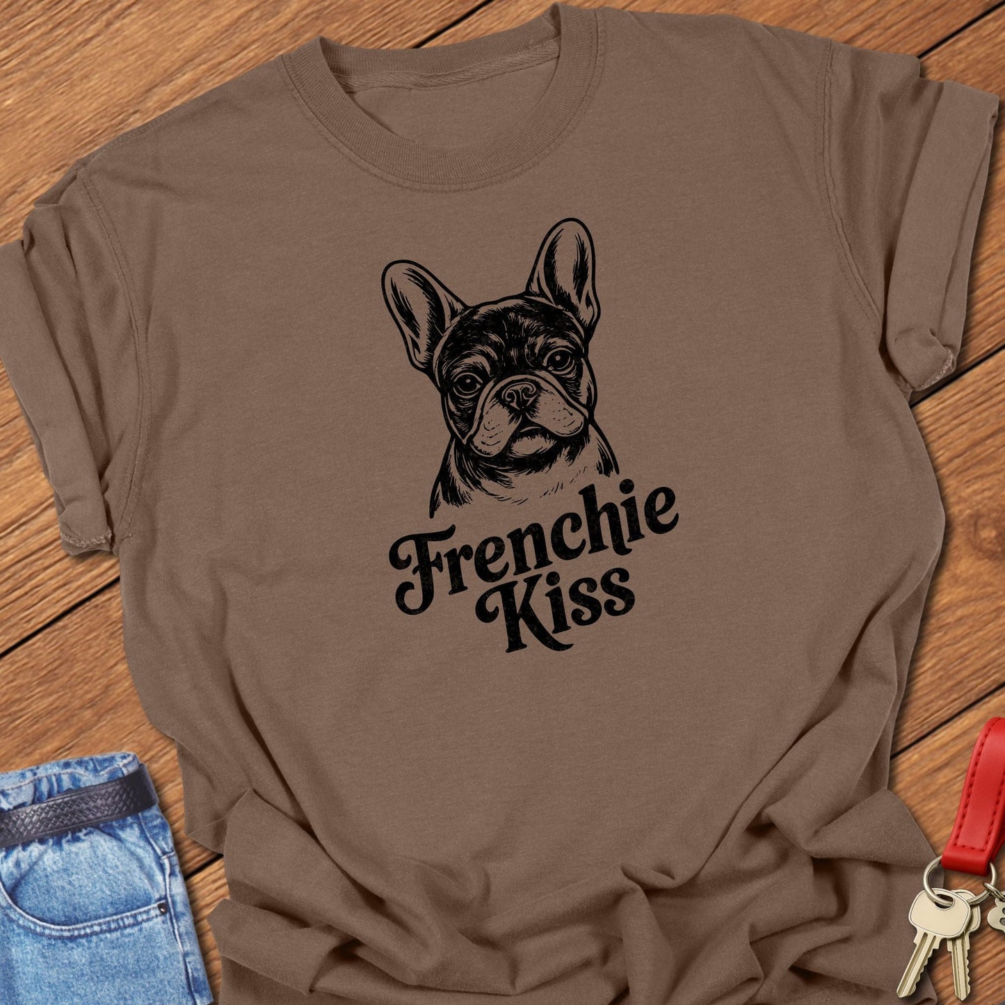 French bulldog frenchie kiss text and portrait graphic printed on pepper Comfort Colors t shirt.
