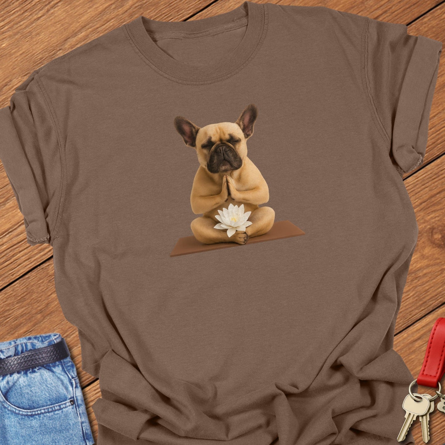 French bulldog yoga illustration printed on espresso Comfort Colors t shirt