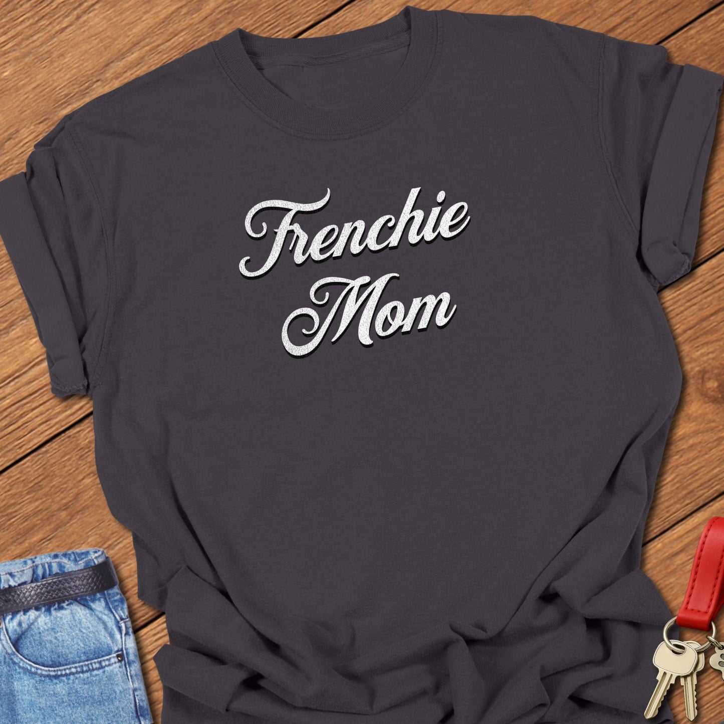 French bulldog script typography “Frenchie Mom” text design printed on graphite Comfort Colors t shirt