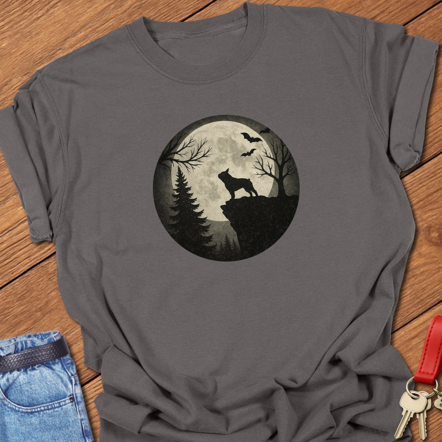 French bulldog moonlit forest silhouette design printed on pepper Comfort Colors t shirt