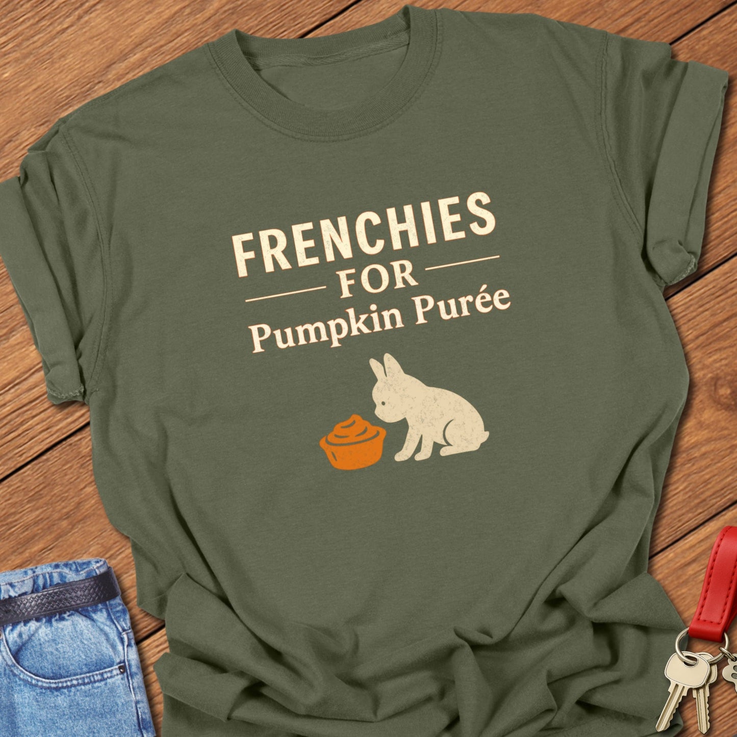 French bulldog seasonal food illustration with pumpkin purée bowl graphic and bold typography printed on hemp Comfort Colors t shirt