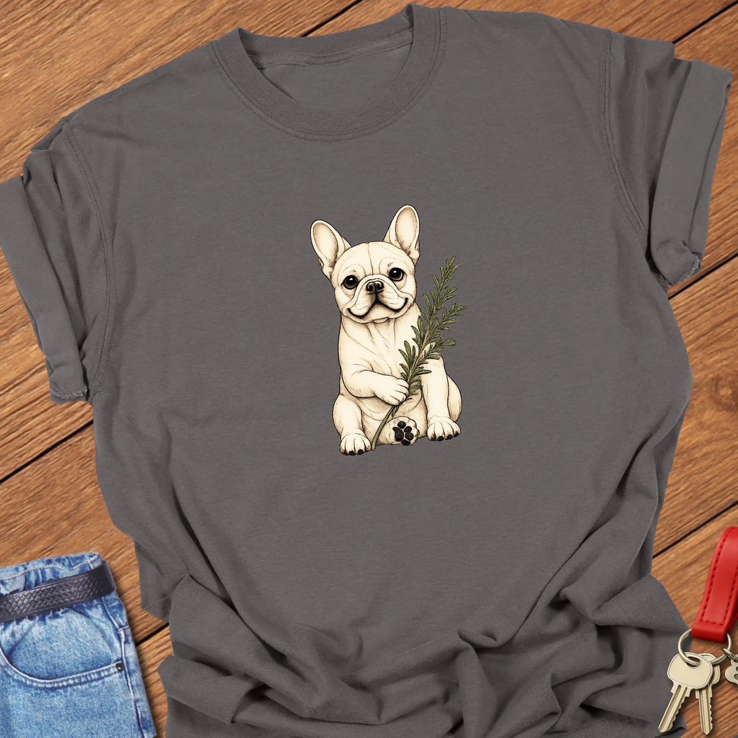 Frenchie Rosemary Art cream French Bulldog holding rosemary sprig printed on Comfort Colors® t-shirt in Pepper Color