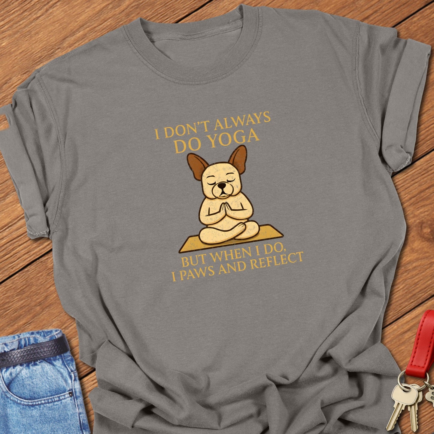 French bulldog yoga meditation illustration printed on grey Comfort Colors t shirt
