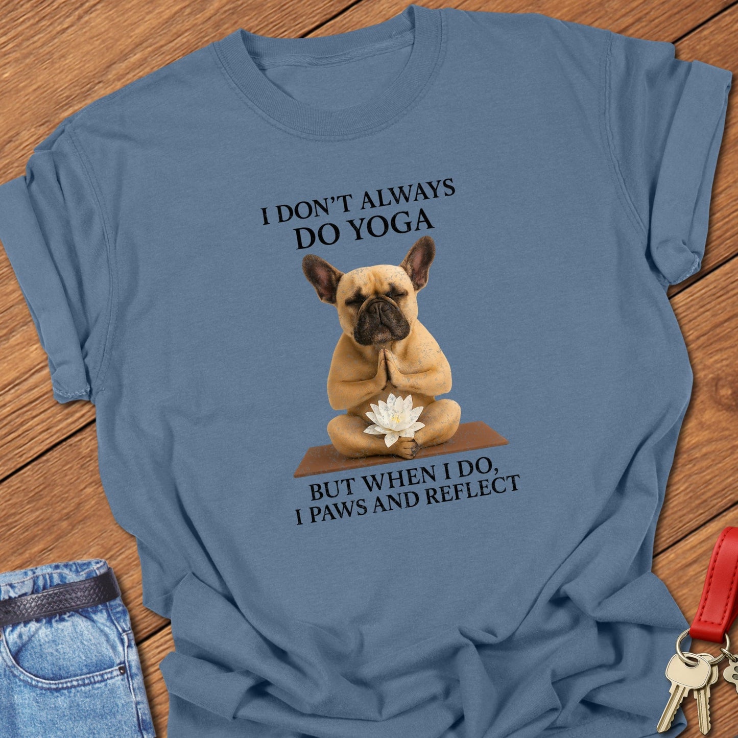French bulldog yoga meditation design printed on blue jean Comfort Colors t shirt