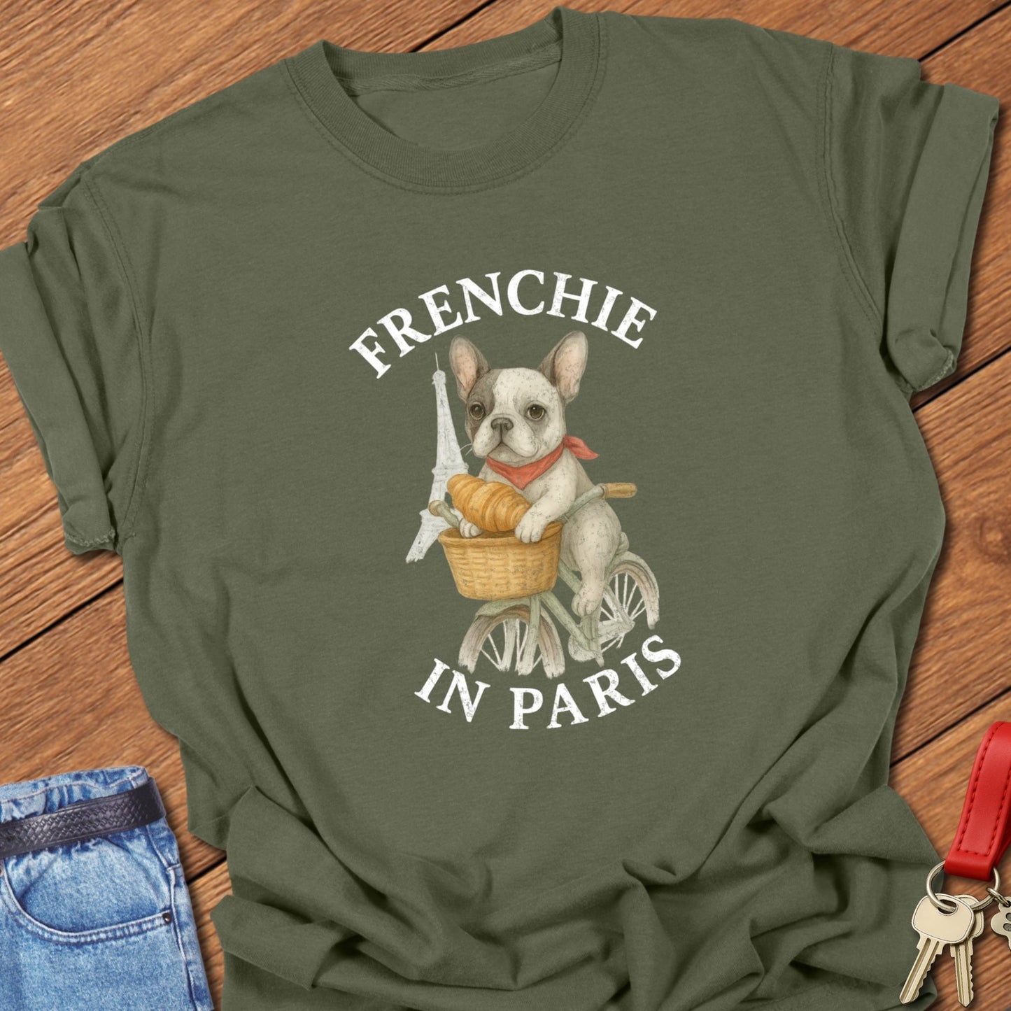 French bulldog Paris bicycle illustration printed on hemp Comfort Colors t shirt
