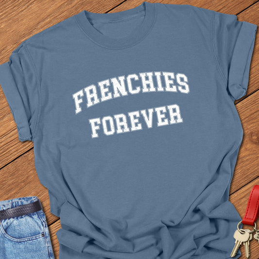 French bulldog forever varsity-style distressed typography printed on blue jean Comfort Colors t shirt