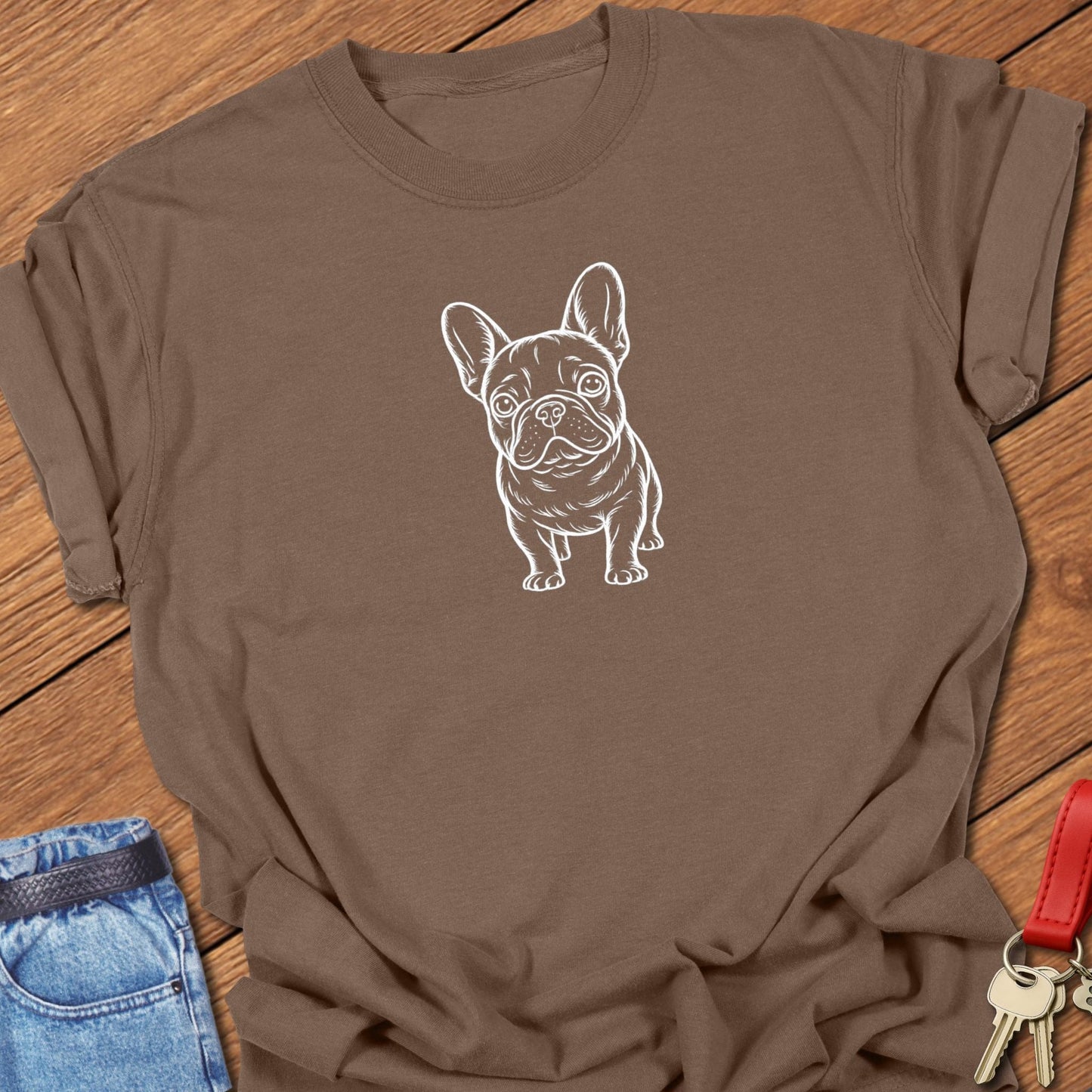 French bulldog line art standing graphic printed on navy Comfort Colors t shirt.