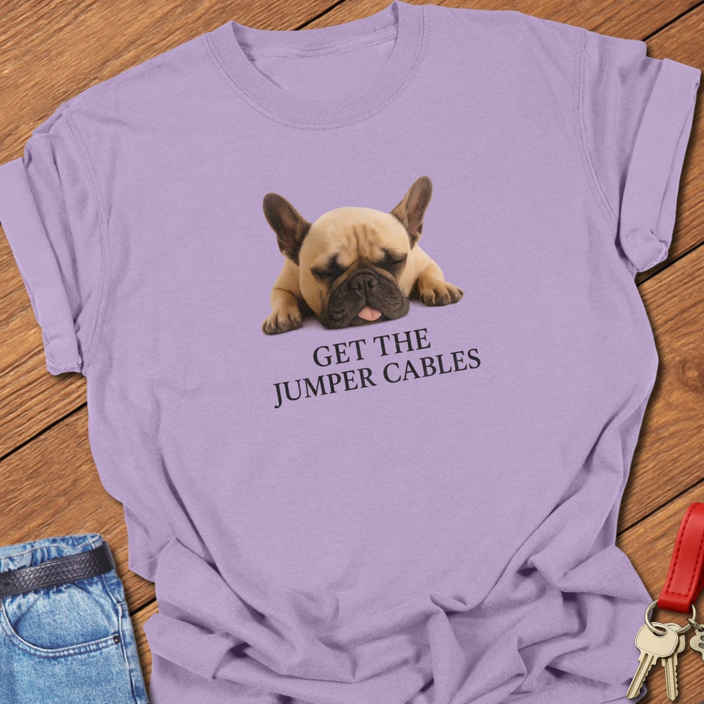 French bulldog sleeping with “Get the Jumper Cables” text design printed on ivory Comfort Colors t shirt