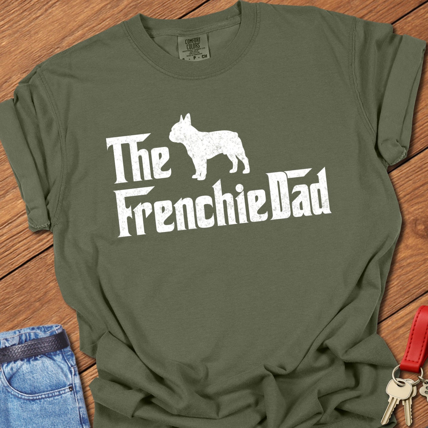 French bulldog dad vintage typography graphic with distressed Frenchie silhouette printed on hemp Comfort Colors t shirt