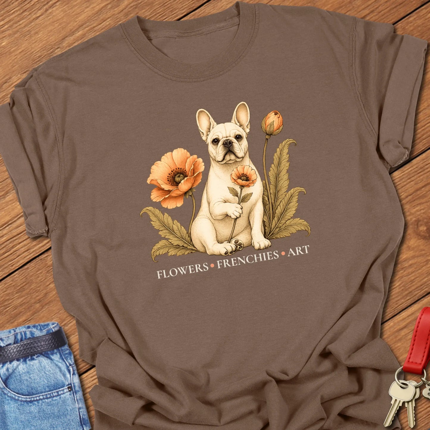 Cream French Bulldog surrounded by vintage-inspired poppy flowers and botanical foliage with the phrase "Flowers • Frenchies • Art" printed on a Comfort Colors® garment-dyed t-shirt in Espresso color.