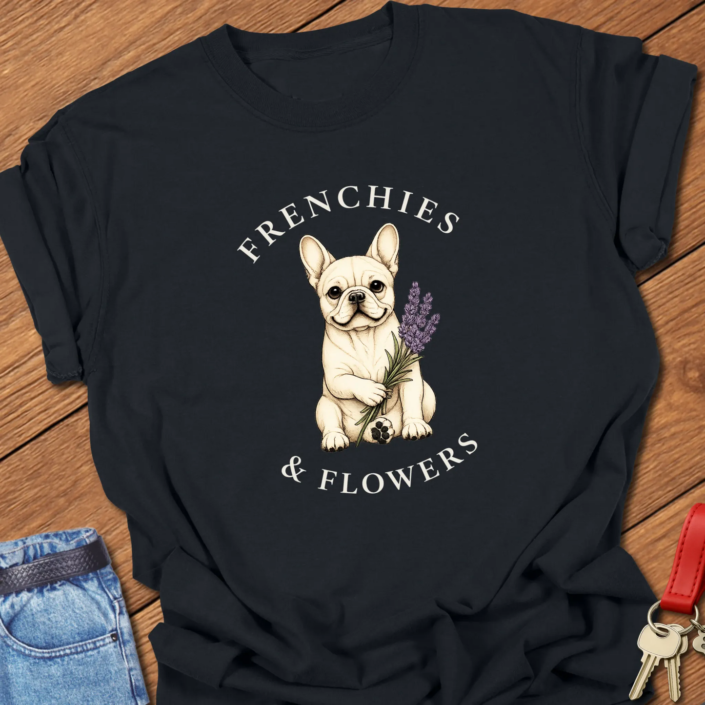 Frenchie Lavender botanical French Bulldog illustration with lavender sprig and Frenchies & Flowers typography printed on Comfort Colors® t-shirt in Black Color
