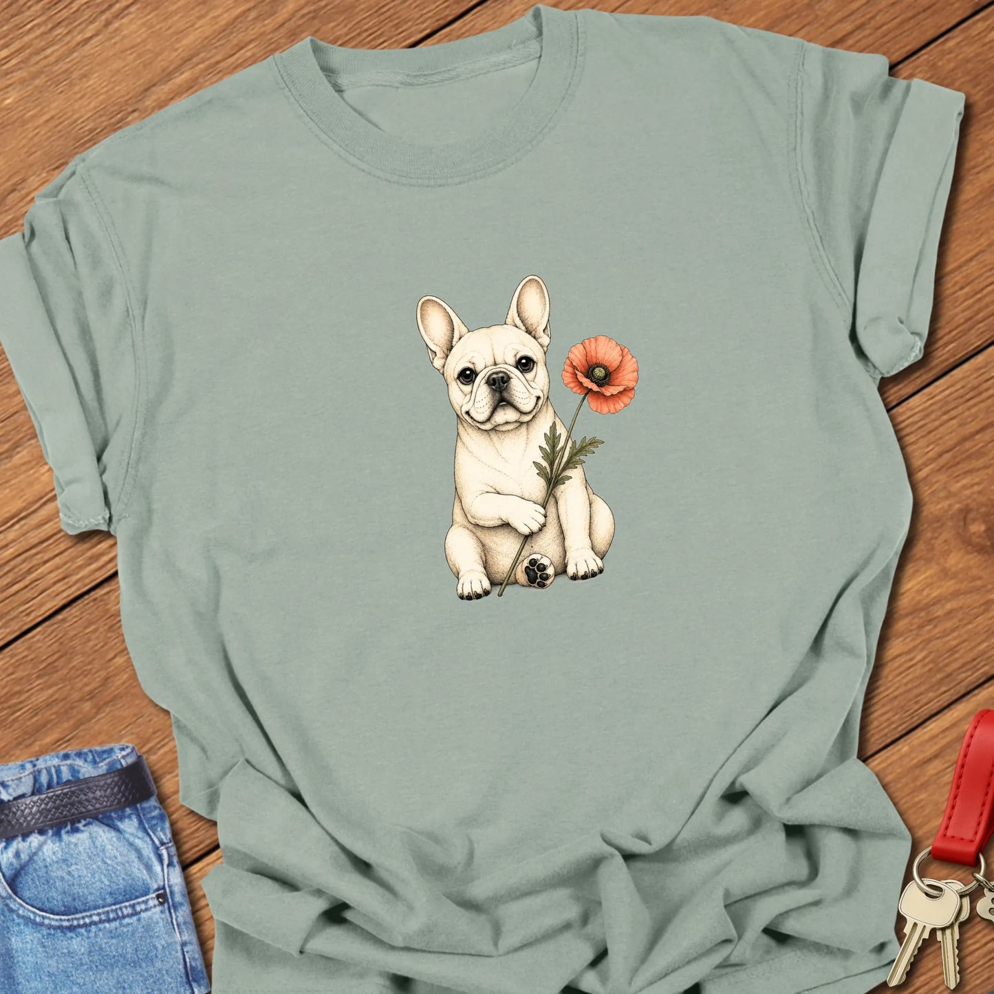 Frenchie Poppy Art cream French Bulldog holding red poppy flower printed on Comfort Colors® t-shirt in Bay Color