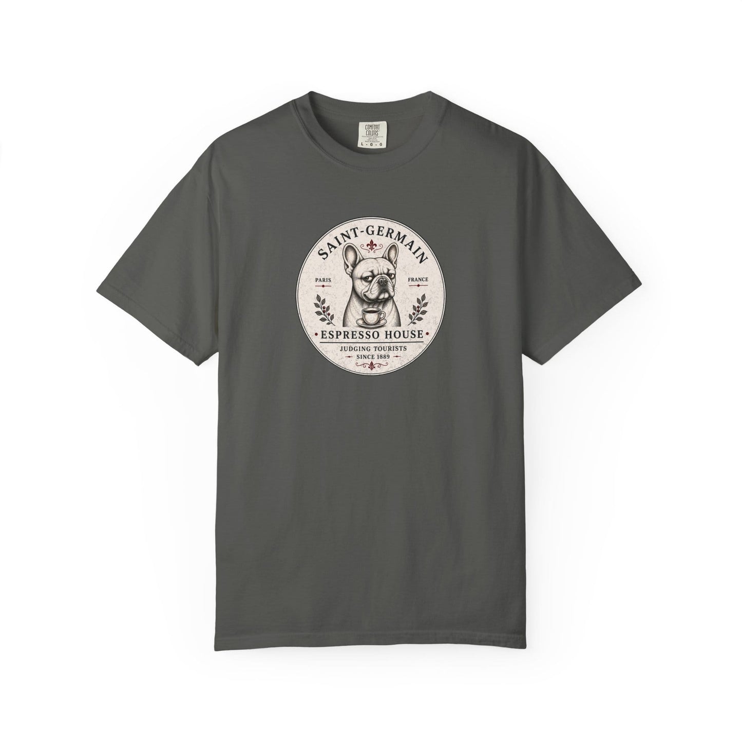 Saint-Germain Espresso House French Bulldog graphic t-shirt featuring the slogan "Judging Tourists Since 1889" and vintage Paris café artwork in Pepper color.