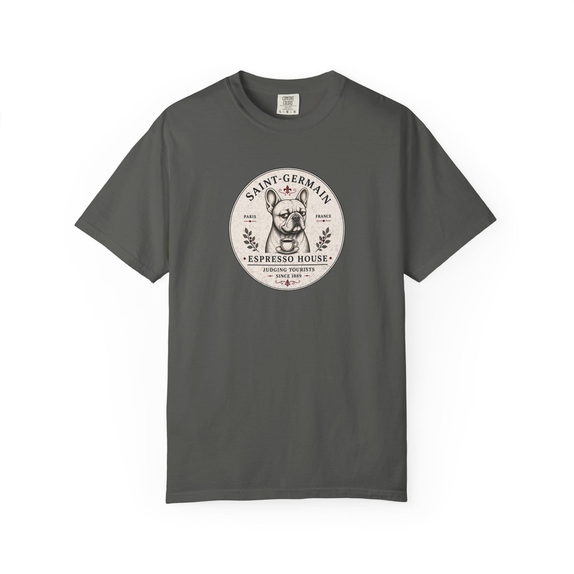 Saint-Germain Espresso House French Bulldog graphic t-shirt featuring the slogan "Judging Tourists Since 1889" and vintage Paris café artwork in Pepper color.