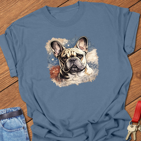 French bulldog artistic portrait illustration graphic printed on blue jean Comfort Colors t shirt.