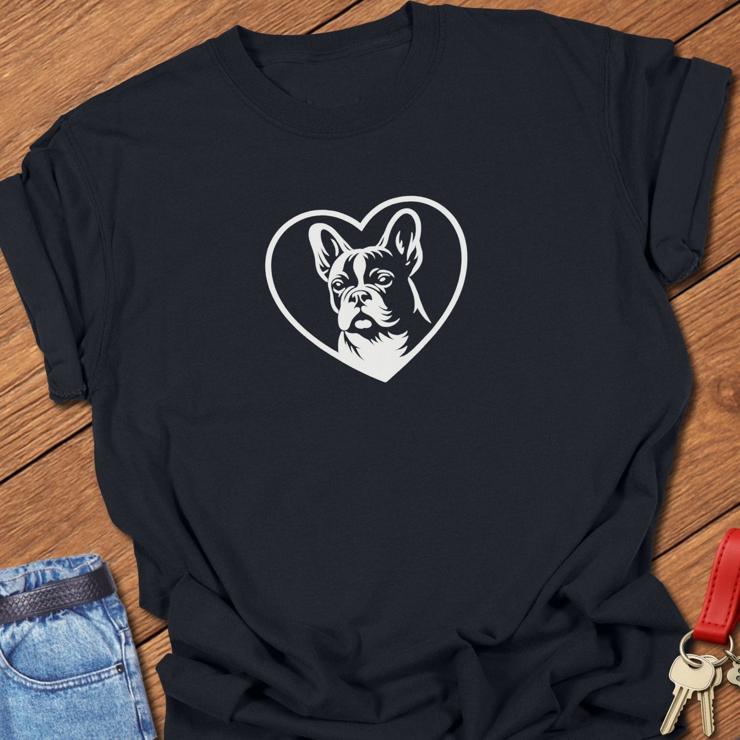 French bulldog heart outline graphic printed on black Comfort Colors t shirt.