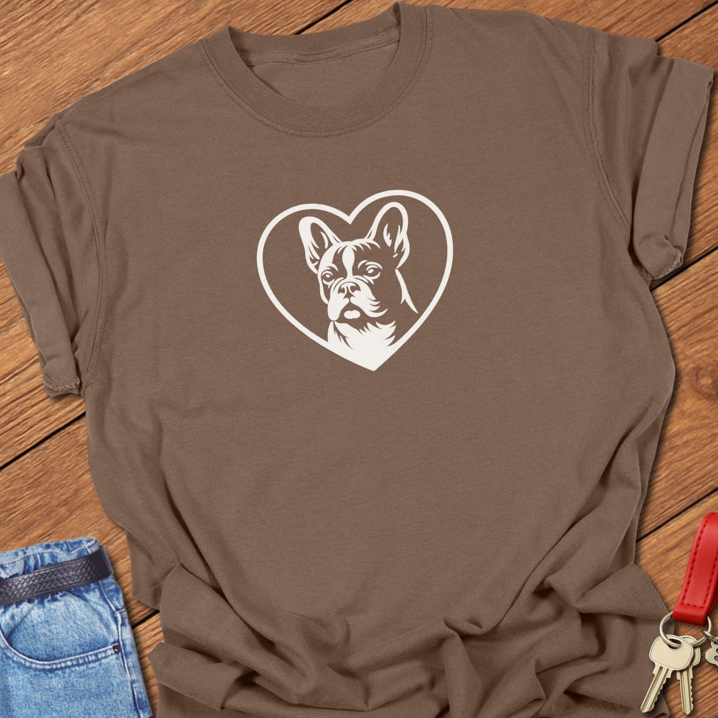 French bulldog heart outline graphic printed on espresso Comfort Colors t shirt.
