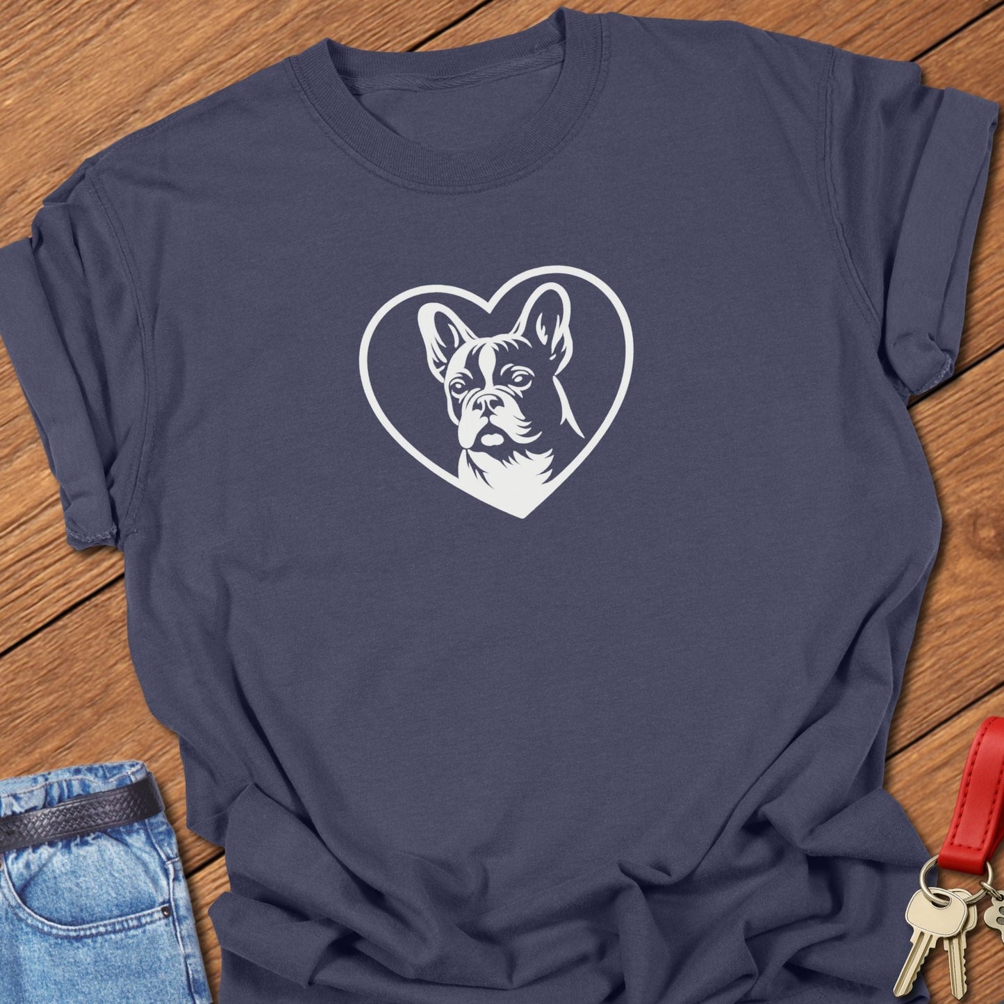 French bulldog heart outline graphic printed on navy Comfort Colors t shirt.