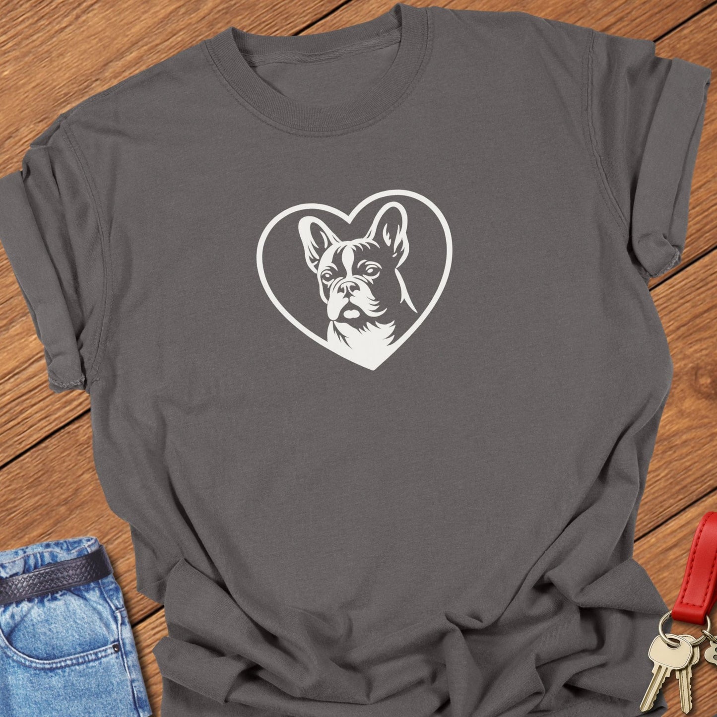 French bulldog heart outline graphic printed on pepper Comfort Colors t shirt.
