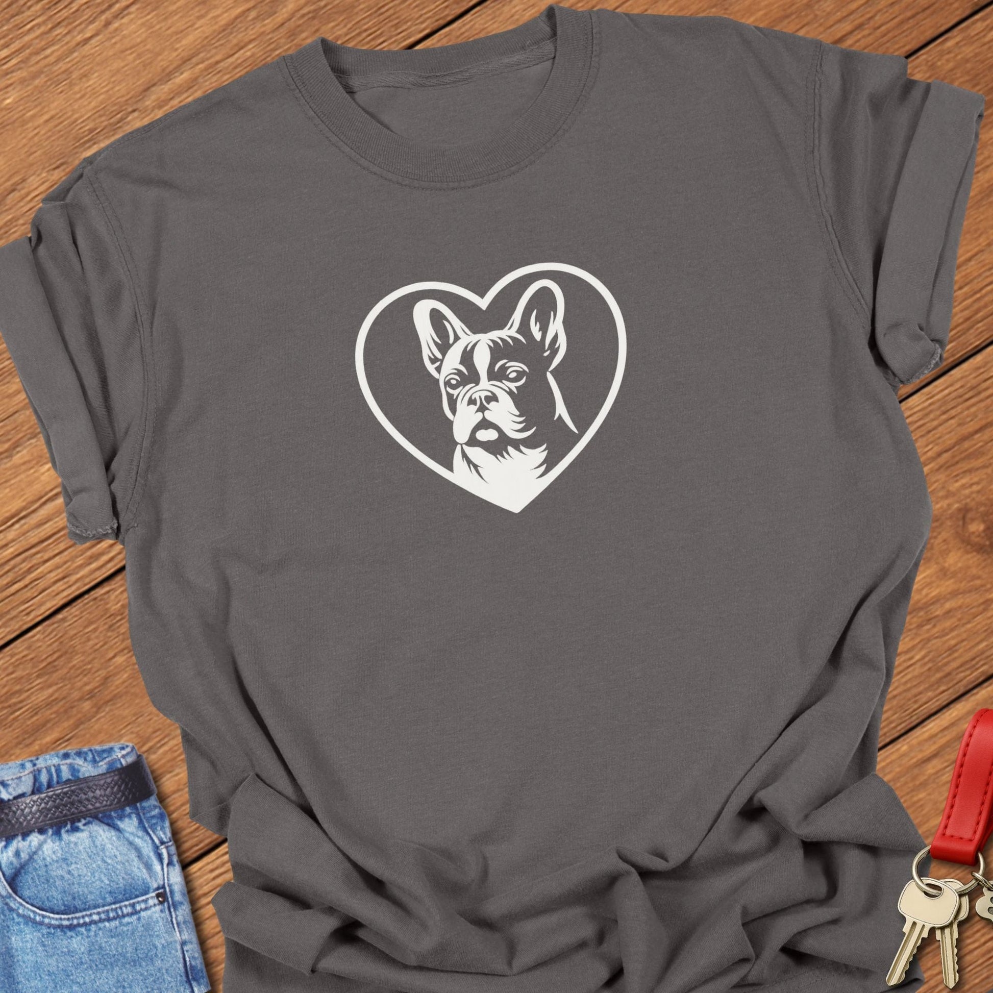 French bulldog heart outline graphic printed on pepper Comfort Colors t shirt.