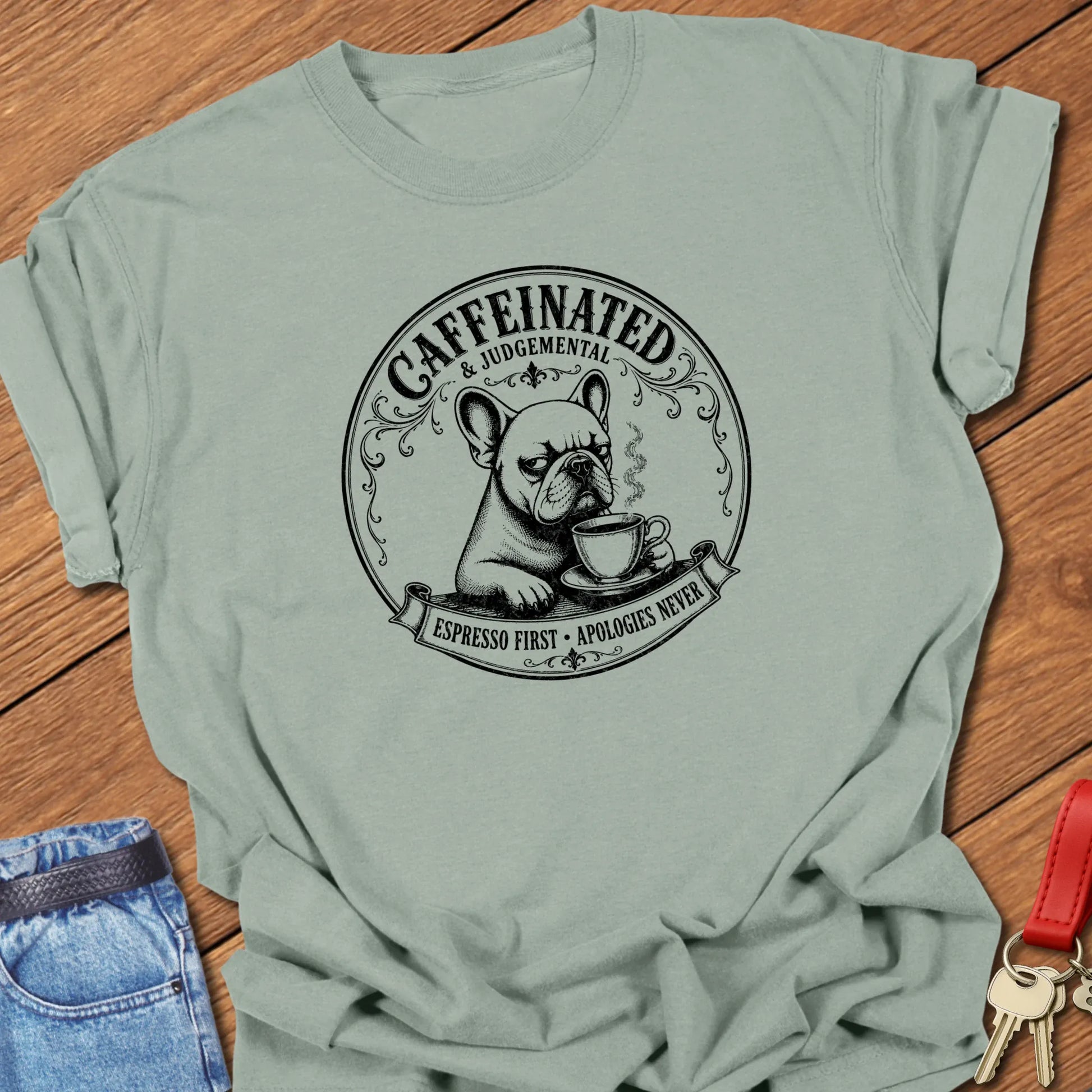 Apologies Never French Bulldog graphic t-shirt featuring "Caffeinated & Judgemental" and "Espresso First. Apologies Never." slogans with vintage café artwork in Bay color.