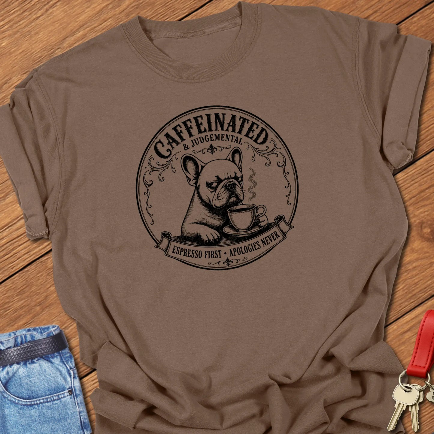 Apologies Never French Bulldog graphic t-shirt featuring "Caffeinated & Judgemental" and "Espresso First. Apologies Never." slogans with vintage café artwork in Espresso color.