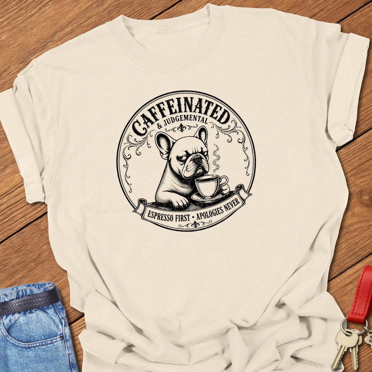 Apologies Never French Bulldog graphic t-shirt featuring "Caffeinated & Judgemental" and "Espresso First. Apologies Never." slogans with vintage café artwork in Ivory color.