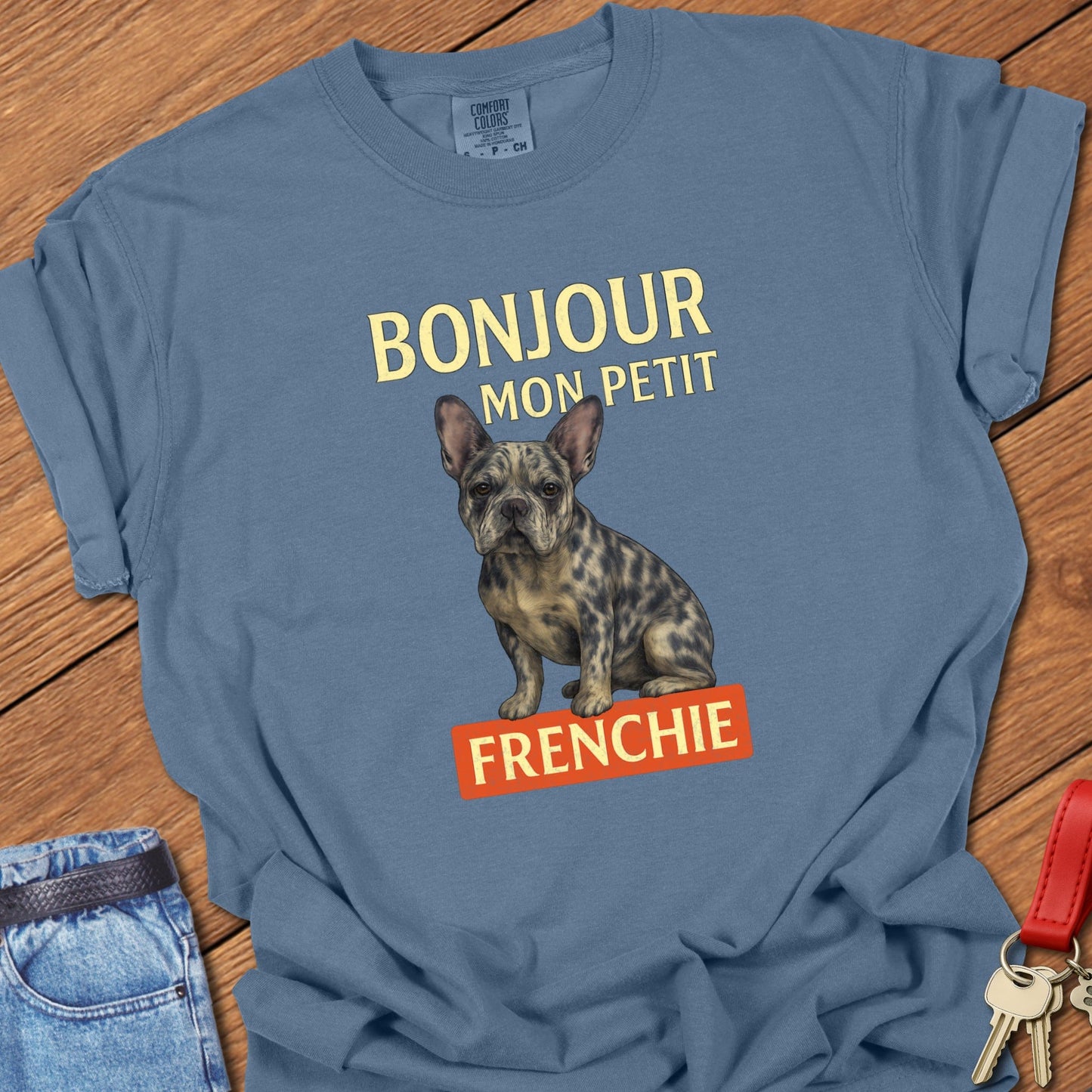 French bulldog vintage French typography illustration with brindle Frenchie graphic printed on blue jean Comfort Colors t shirt