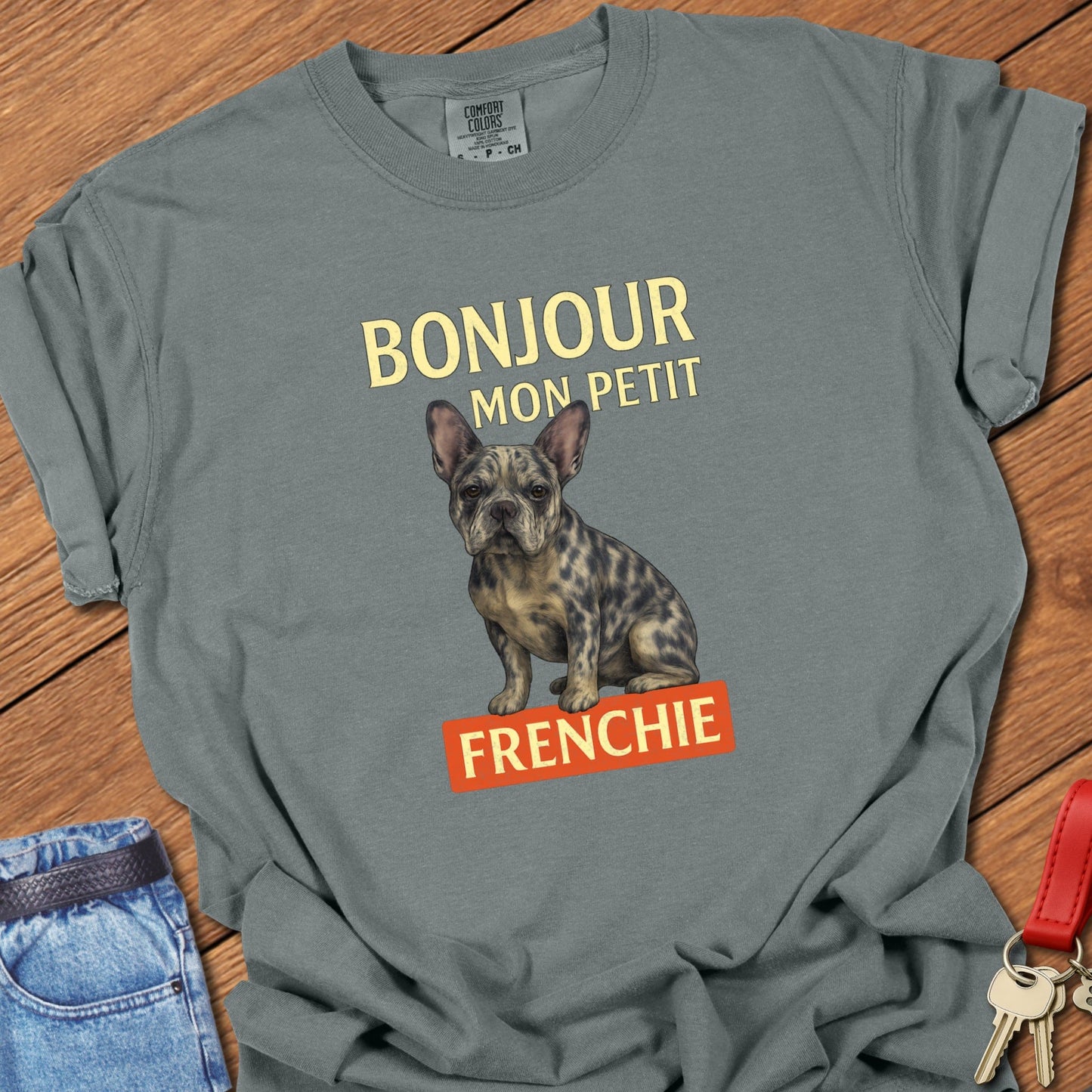 French bulldog vintage French typography illustration with brindle Frenchie graphic printed on granite Comfort Colors t shirt