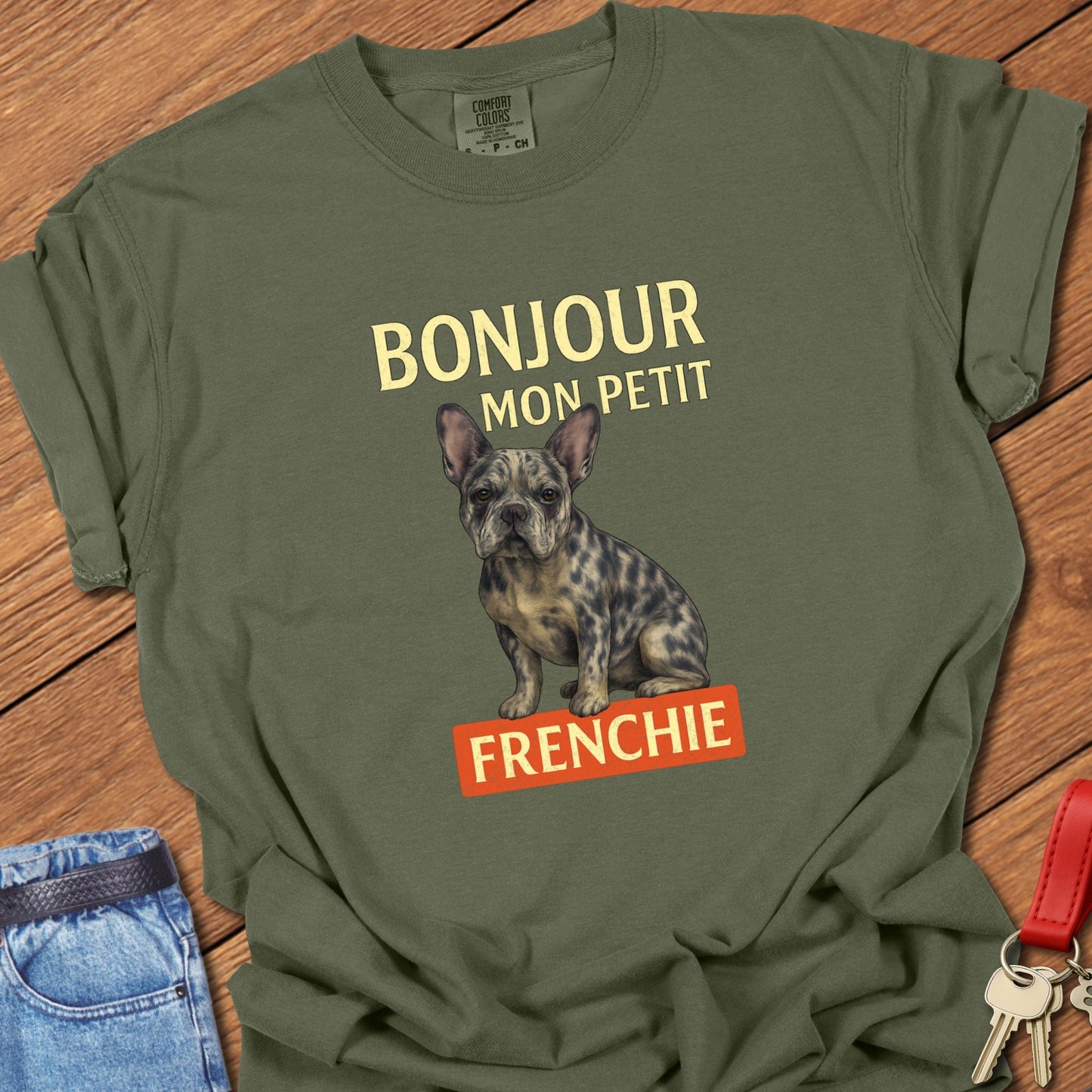 French bulldog vintage French typography illustration with brindle Frenchie graphic printed on hemp Comfort Colors t shirt