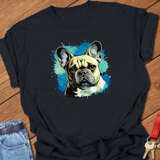 French bulldog watercolor portrait graphic printed on black Comfort Colors t shirt.